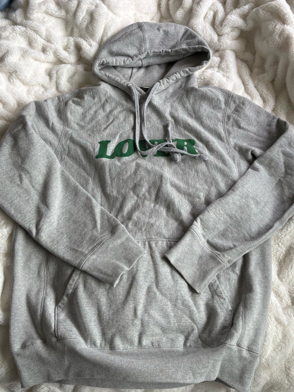 Gray Pullover Hoodie with Green 'LOVER' Chest Print